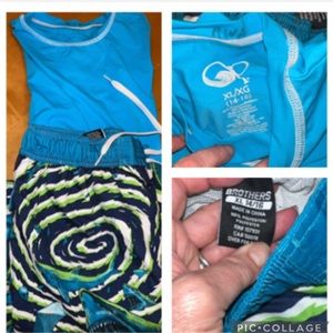 Big Boys size 14-16 swim trunks (brothers) and rash guard (op)
